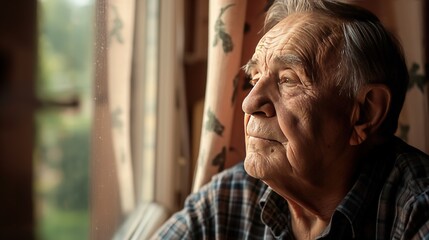 An elderly man in a plaid shirt looking thoughtfully out of a window, capturing a moment of contemplation and reflection
