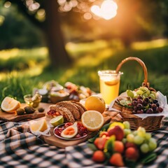 Sunlit Picnic with Fresh Fruits and Snacks