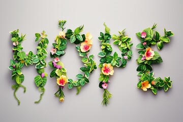 The word "Hope" creatively crafted with green leaves and colorful flowers on a light background