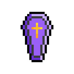 Purple coffin with golden cross isolated on transparent background. Vampire coffin icon. Halloween celebration. Vector pixel art illustration in 16 bit old style.