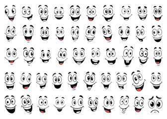 Cartoon faces. Expressive eyes and mouth, smiling and sad character face expressions. Caricature comic emotions or emoticon doodle. Isolated vector illustration icons set