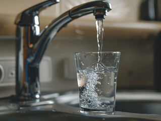 Tap purified water flows from a tap into a glass glass. Neural network AI generated art