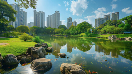 
Modern city parks located among concrete jungle, where green spaces and ponds create oases of nat