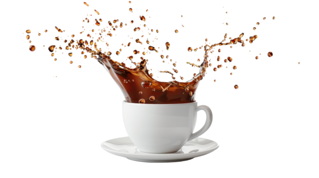 Cup of coffee with a splash drop on transparent background