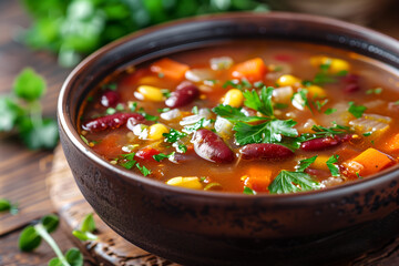 Bowl of minestrone soup garnished with fresh parsley, perfect for food blogs and restaurant menus. Minestrone soup with beans, vegetables, and herbs, ideal for culinary websites and cookbooks