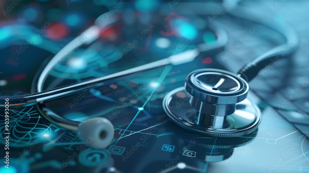 Poster exploring the integration of technology in modern healthcare through a stethoscope and digital visua