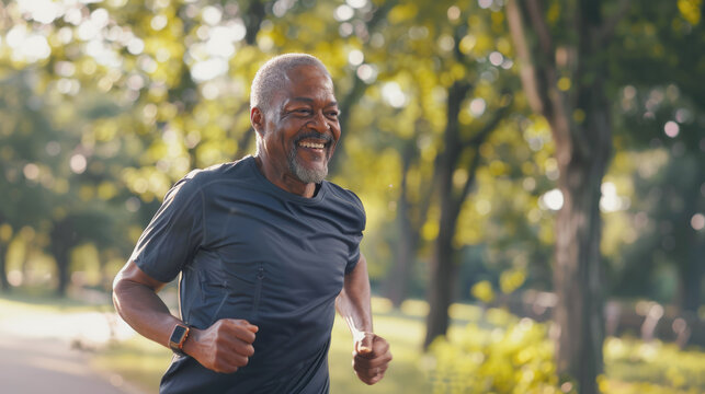 Portrait of a happy senior African American man running outdoors, wearing a t-shirt and smartwatch on his wrist, enjoying a sport activity for good health at the park. - Powered by Adobe