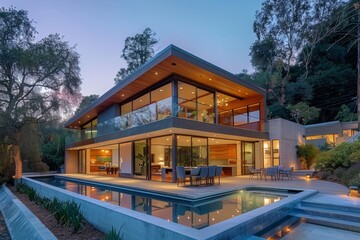 Modern residence with swimming pool. Illuminated by lamps inside.