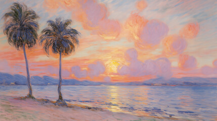 Tropical beach sunset with palm trees in impressionist style