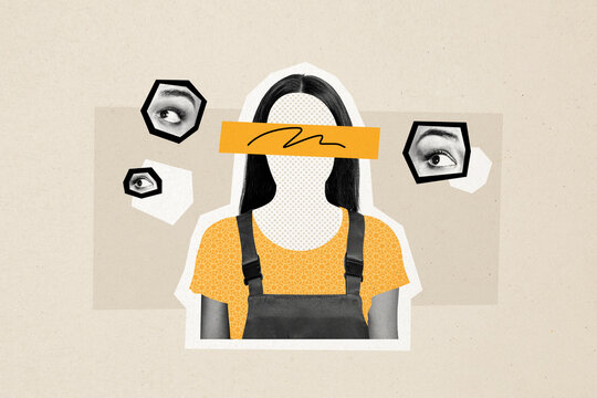 Composite trend artwork 3D sketch image photo collage of copyspace young lady incognito faceless stand blind eye vision security search