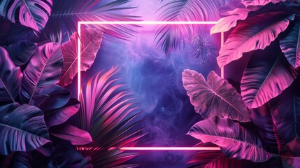 Fototapeta premium A stylish illustration featuring a neon frame with layered tropical leaves, creating depth and a vibrant atmosphere.