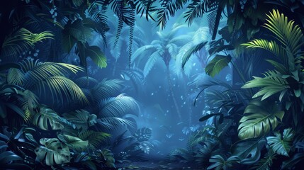 A creative illustration of an exotic jungle with neon accents highlighting the lush foliage, framed by a glowing neon border for an eye-catching design.