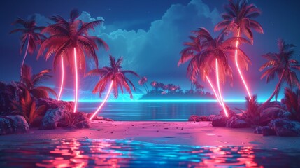 A creative 3D illustration of a neon frame forming the outline of a tropical island, with palm trees and sandy beaches inside. The neon lights give the scene a lively and energetic feel.