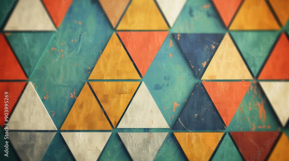 Poster a dynamic arrangement of colorful triangles showcases varied textures and hues in a geometric compos