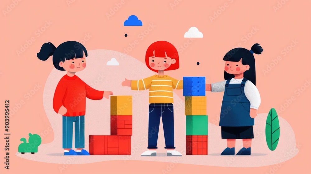Poster of children learning and growing through playful interaction with colorful educational toys like bui