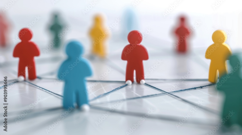 Poster colorful figures represent individuals connected in a network, symbolizing collaboration and communi