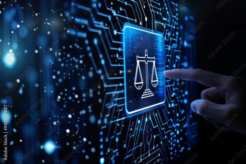 Poster Digital Justice Navigating the Complex Intersection of Law and Technology, where we explore the implications of automation in contracts, courtroom settings, digital evidence, and judicial processes