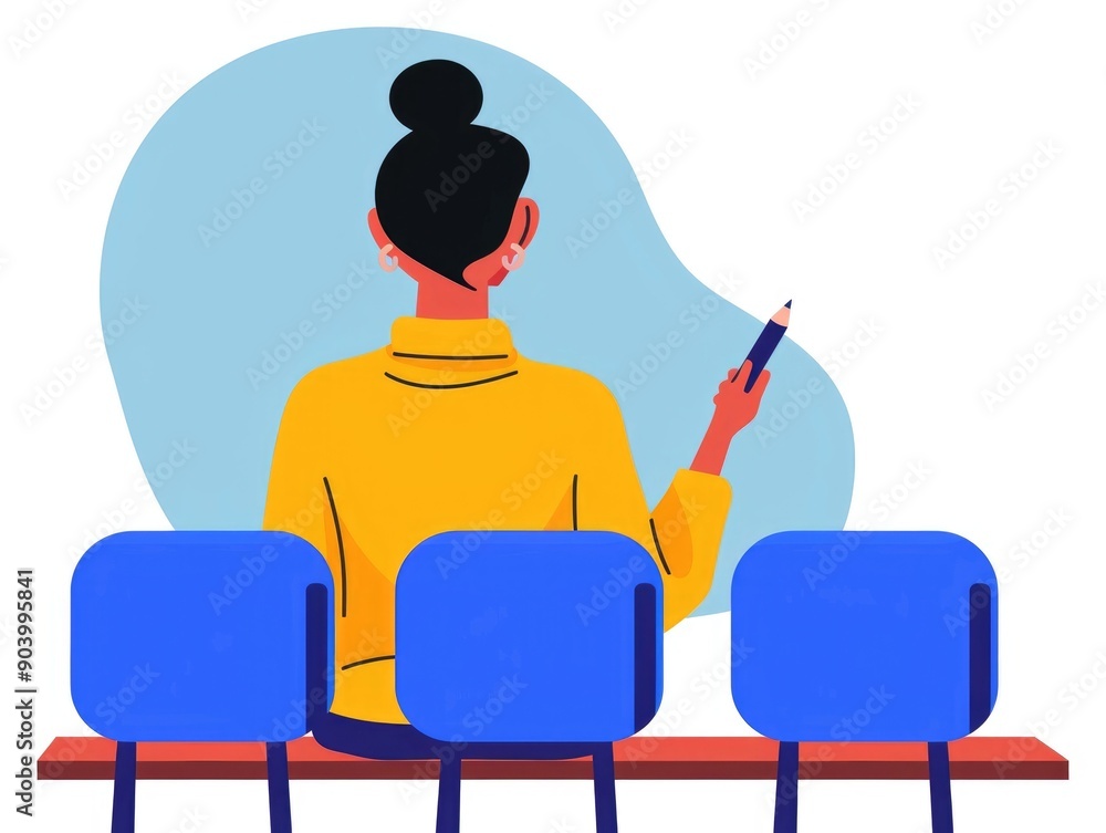 Poster flat design of a student raising their hand to ask a question in a classroom setting the image depic