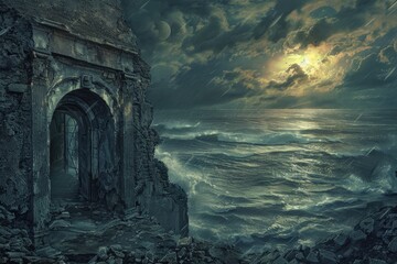 Ancient ruins stand tall amidst a raging storm at sea under a full moon