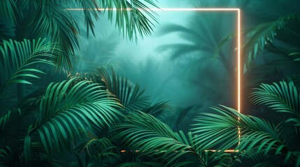 A stylish design with a glowing neon frame highlighting a serene palm tree against a backdrop of rich greenery.