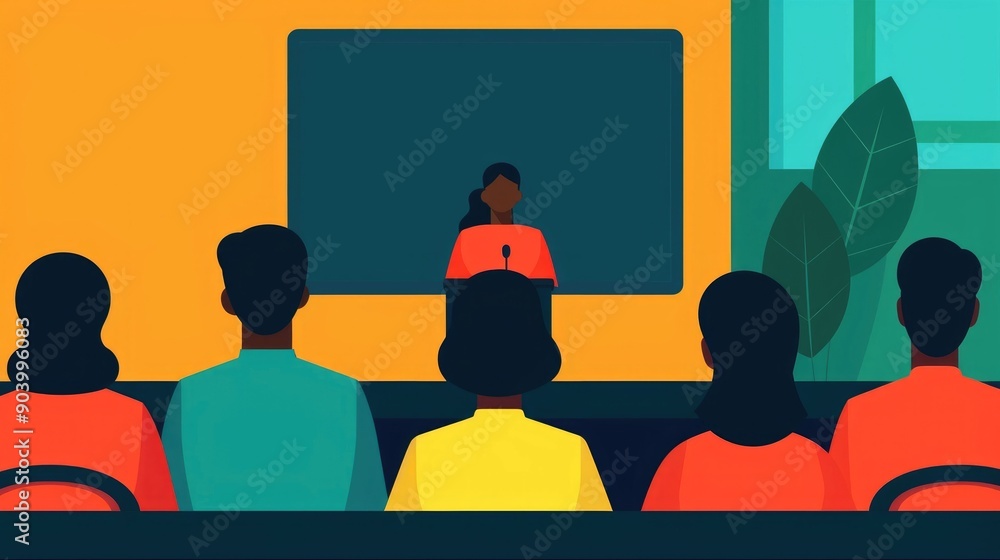 Poster flat design of an educational seminar or conference setting with a speaker or presenter in front of 