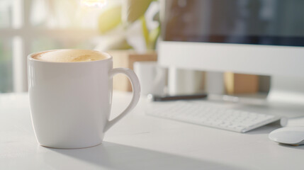 Closeup of Coffee Cup on Business Office Desk Next to Monitor Screen - Morning Workplace Caffeine Break with Espresso Cappuccino Aroma Photo