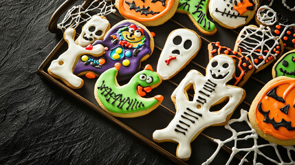 a platter of homemade Halloween cookies shaped like friendly monsters, skeletons, and mummies