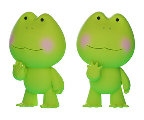 3D graphics of a frog character standing up and placing his hand on his chin