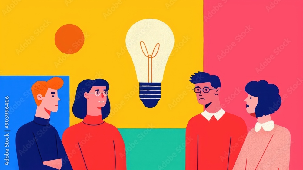 Aufkleber depicting a group of individuals engaged in collaborative idea and problem solving surrounded by a p