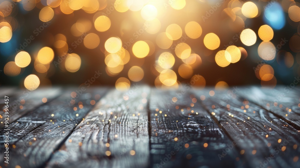 Poster a dark wooden table adorned with shimmering golden bokeh lights, creating a warm and inviting ambian