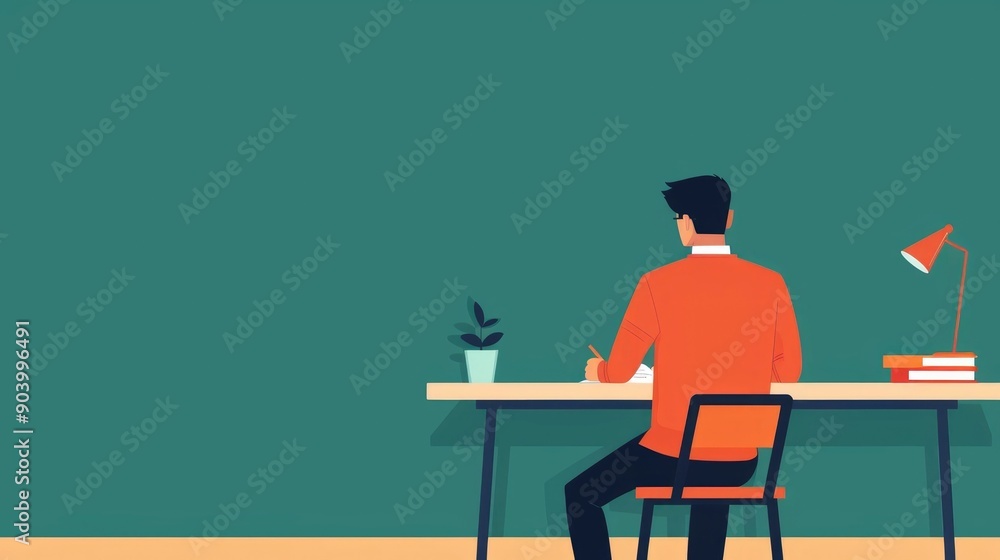 Aufkleber of a student sitting at a desk intently writing an exam or test in a classroom setting the image dep