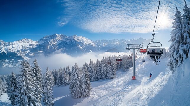 A skier rides the ski lift at Kitzb&uuml;heler Horn in the Austrian Alps during winter.