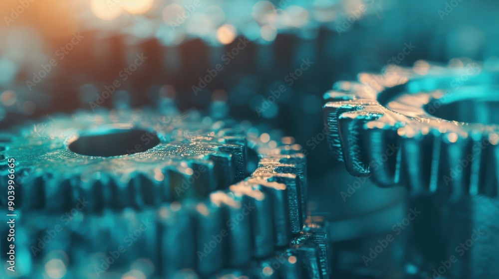 Poster metallic gears interlock and rotate, showcasing precise mechanical movement in an industrial setting