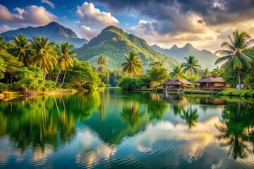 Fototapeta premium Serene tropical resort landscape featuring lush green village surroundings, calm lake waters, and majestic mountain views, perfect for relaxation and tranquility.