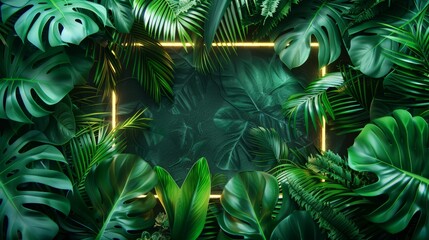A glowing neon border framing an array of lush tropical leaves, contrasting the bright neon with the rich greenery.