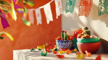 Fototapeta premium a collection of vibrant Mexican decorations, such as paper flags, traditional pottery
