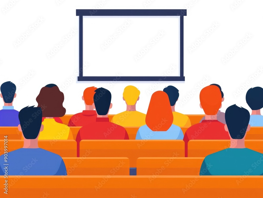 Poster flat design of a lecture hall or auditorium setting with a group of students seated and attending a 