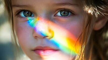 A vibrant rainbow playfully adorns a young girl's face, illuminating her beauty.