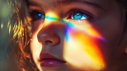 A vibrant rainbow playfully adorns a young girl's face, illuminating her beauty.
