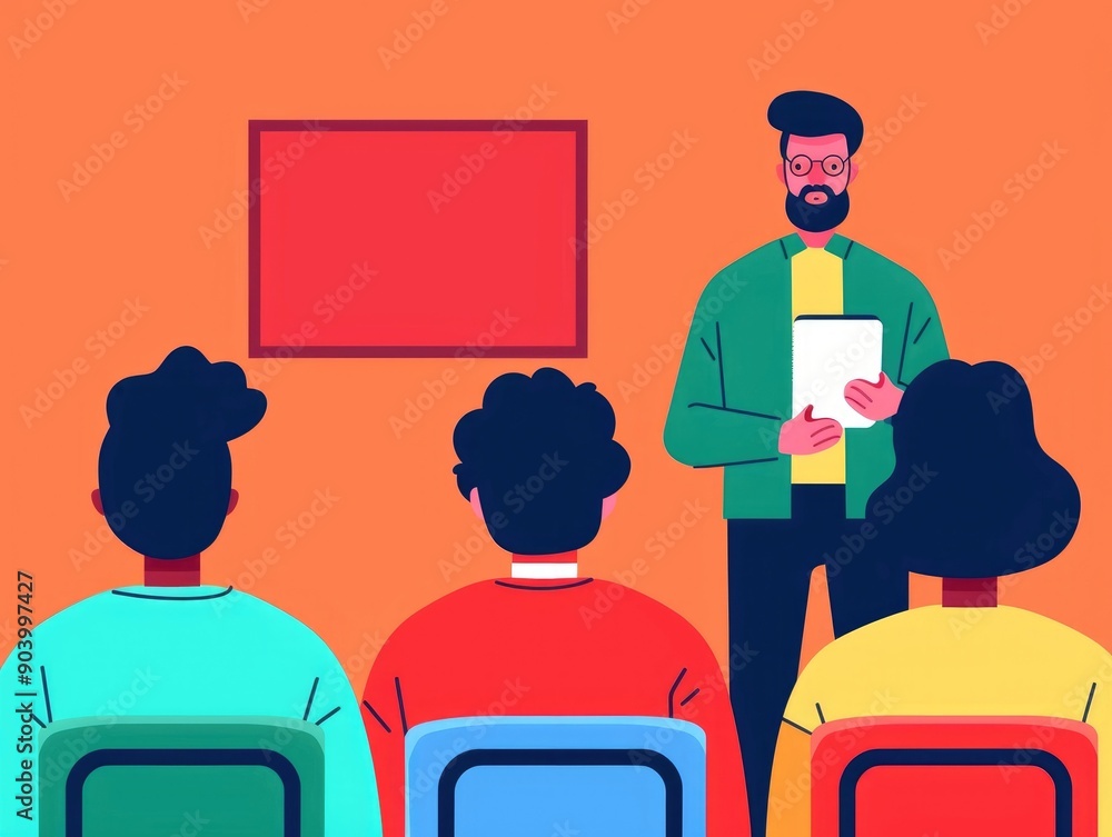 Poster depicting a diverse group of students in a foreign language class setting with a teacher standing in