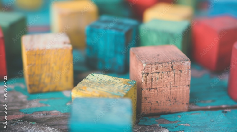 Aufkleber brightly colored wooden blocks are playfully arranged on a rustic table, creating a cheerful atmosph