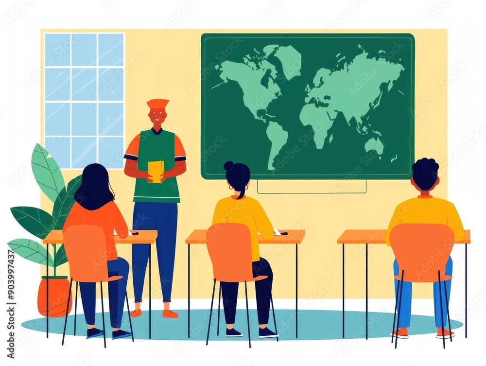 Poster diverse group of students sitting in a classroom setting exploring a world map on the blackboard wit