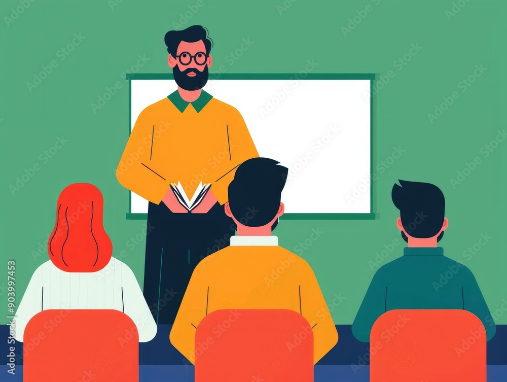 Poster of a foreign language class setting with a diverse group of students and a teacher presenting inform