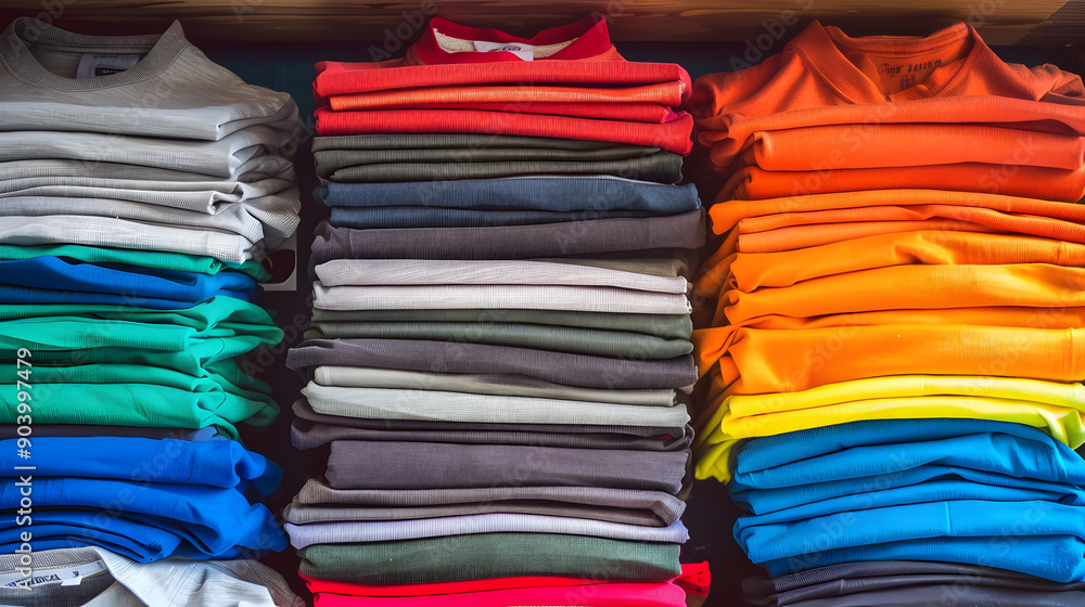 Poster a pile of colorful tshirts. arranged neatly on top of each other with different colors and sizes