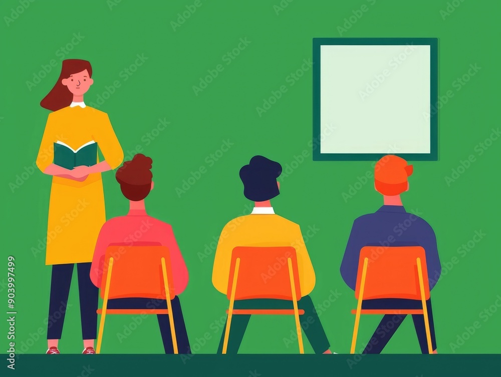Poster vibrant depicting a foreign language class with a diverse group of students and a teacher in a moder