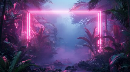Fototapeta premium A futuristic neon frame surrounding a tropical forest scene, with glowing accents highlighting the beauty of the natural environment.