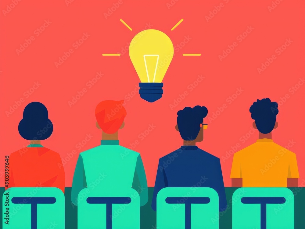 Poster flat depicting idea sharing at a seminar or workshop setting with students attentively listening to 