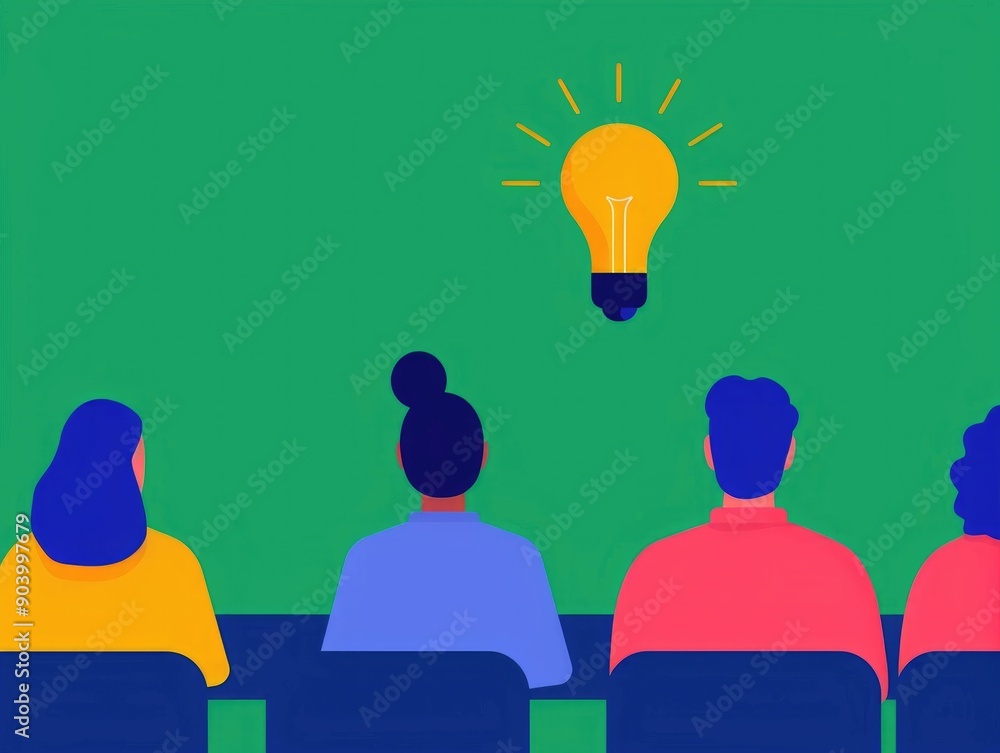 Poster flat design of idea sharing and in a seminar setting with students listening to a speaker and brains