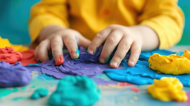 A child happily experiments with vibrant modeling clay using their hands at home
