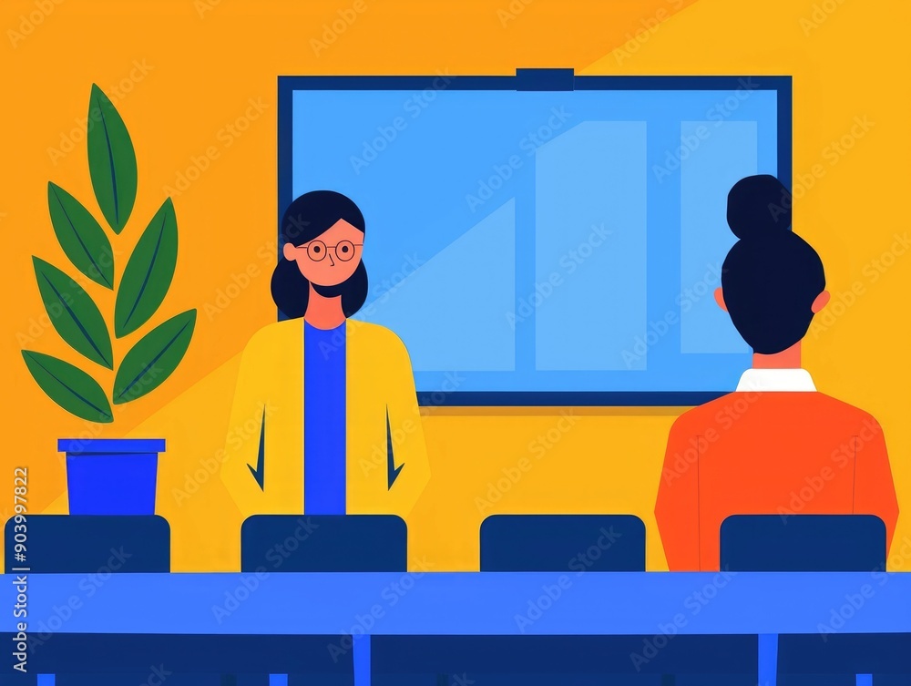 Poster of a classroom setting with students and a teacher discussing ideas showcasing an educational and co